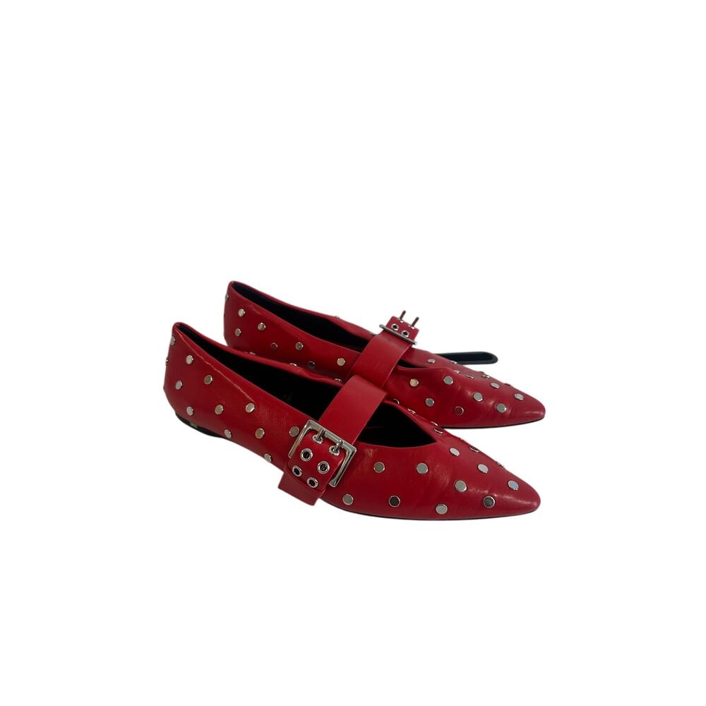Pull&Bear Red Studded Buckled Ballet Flats Pointed Toe Sz EU 40 Great Cond!